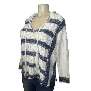 Lovestitch Sweater Womens Large White Blue Striped Knit Hooded Pullover Boho